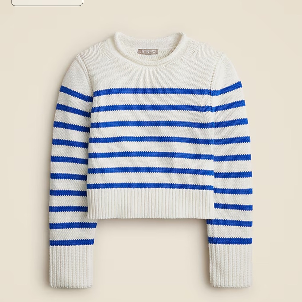 J. CREW New Heritage Rollneck Sweater Blue White Stripe Nautical Coastal